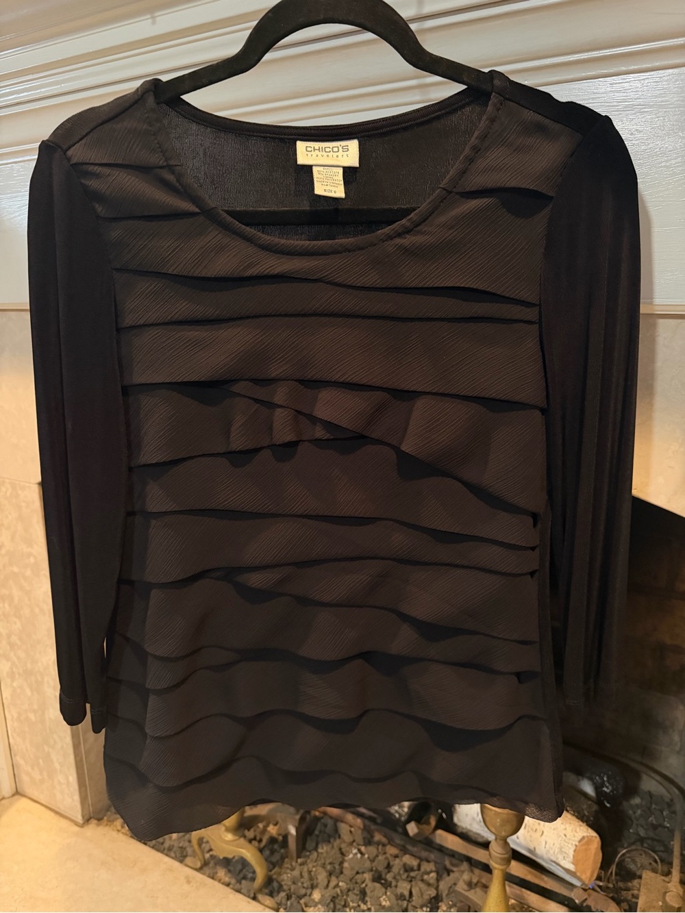 Travelers by Chico's Black Layered Ruffle 3/4 Sleeve Pullover Blouse size small